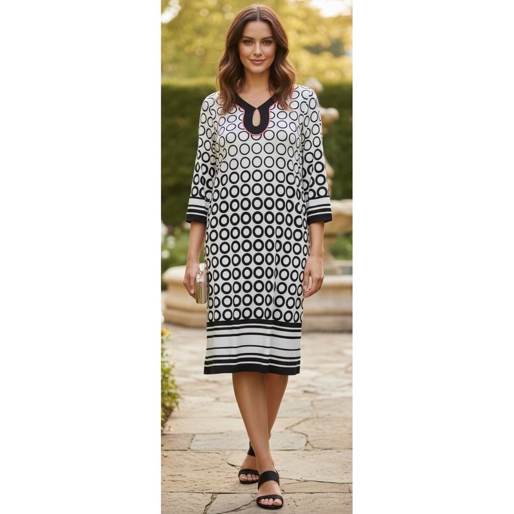 Signature Camryn Black White Circle Mod Dress‎ Geometric Keyhole V-Neck Size 14W